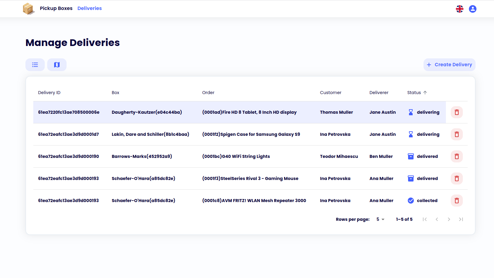 ASE Delivery Deliveries Page