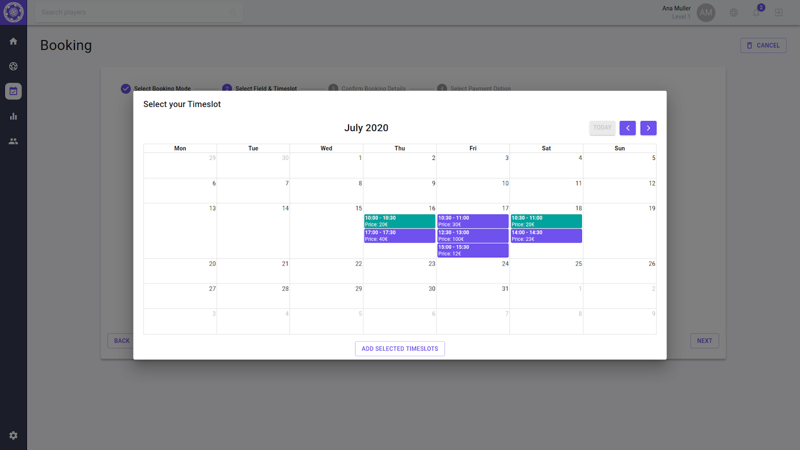 Soccer Evolved Booking Calendar