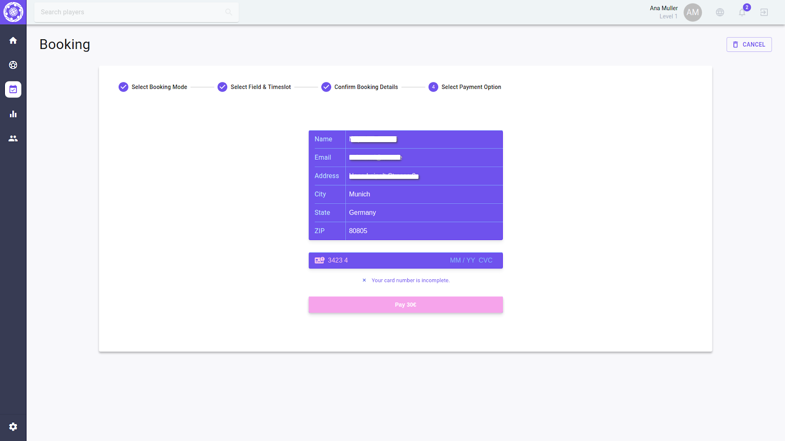 Soccer Evolved Booking Payment